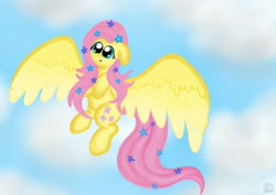 Size: 1754x1240 | Tagged: safe, artist:dominiquescreations, imported from derpibooru, fluttershy, female, flower, flower in hair, flower in tail, flying, sky, solo, spread wings