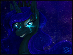 Size: 1220x920 | Tagged: safe, artist:begasus, imported from derpibooru, princess luna, alicorn, pony, ear fluff, ear piercing, earring, female, glowing eyes, grin, lidded eyes, looking at you, piercing, portrait, smiling, solo, stars, tattoo