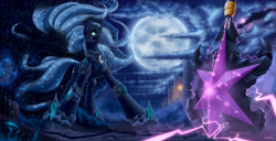 Size: 7000x3594 | Tagged: safe, artist:detomasko, imported from derpibooru, nightmare moon, princess luna, armor, female, magic, solo, space