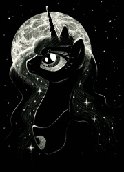 Size: 979x1359 | Tagged: safe, artist:dracontiar, imported from derpibooru, princess luna, alicorn, pony, female, mare, monochrome, moon, night, solo, stars, traditional art