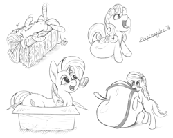 Size: 4989x4000 | Tagged: safe, artist:zapplebow, imported from derpibooru, applejack, rarity, sweetie belle, monster pony, original species, pony, tatzlpony, absurd resolution, apple, box, clothes, food, giant apple, marshmallow, monochrome, on back, pony in a box, sketch dump, socks, species swap, striped socks, tatzljack, tentacle tongue, tentacles