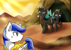 Size: 1131x800 | Tagged: safe, artist:vavacung, imported from derpibooru, changeling, pegasus, pony, comic:caught between lust and love, angry, blushing, cave, desert, looking back, male, royal guard, sad