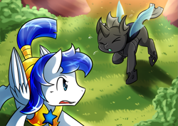 Size: 1131x800 | Tagged: safe, artist:vavacung, imported from derpibooru, changeling, pegasus, pony, comic:caught between lust and love, armor, crying, foal, royal guard, scared, surprised, wings