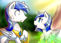 Size: 1131x800 | Tagged: safe, artist:vavacung, imported from derpibooru, changeling, pegasus, pony, comic:caught between lust and love, armor, disguise, disguised changeling, foal, royal guard, shocked, transformation, wings