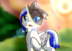 Size: 1131x800 | Tagged: safe, artist:vavacung, imported from derpibooru, changeling, pegasus, pony, comic:caught between lust and love, disguise, disguised changeling, fangs, foal, sun, sunset, transformation