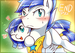 Size: 1131x800 | Tagged: safe, artist:vavacung, imported from derpibooru, changeling, pegasus, pony, comic:caught between lust and love, armor, awkward, blushing, disguise, disguised changeling, foal, happy, hug, ponies riding ponies, riding, sweatdrop, wings