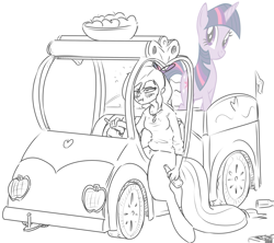 Size: 1739x1543 | Tagged: safe, artist:nobody, imported from derpibooru, twilight sparkle, oc, oc:darcy, satyr, apple, applejack truck, booze, cardboard cutout, cardboard twilight, driving, drunk, food, offspring, parent:big macintosh, solo