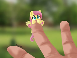 Size: 3000x2250 | Tagged: safe, artist:arielsbx, imported from derpibooru, fluttershy, human, pegasus, pony, blurry background, clinging, cute, female, hand, high res, in goliath's palm, looking at you, mare, micro, shyabetes, solo, spread wings, tiny ponies, weapons-grade cute, wings