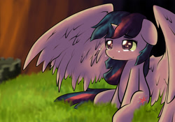 Size: 2000x1400 | Tagged: safe, artist:arielsbx, imported from derpibooru, twilight sparkle, alicorn, pony, crying, female, floppy ears, mare, sitting, solo, spread wings, twilight sparkle (alicorn)