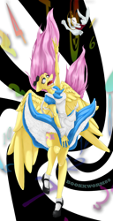 Size: 1024x1993 | Tagged: safe, artist:bookxworm89, imported from derpibooru, angel bunny, fluttershy, anthro, pegasus, rabbit, alice in wonderland, animal, clothes, crossover, dress, duo, falling, watch