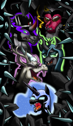 Size: 600x1031 | Tagged: safe, artist:cinder42, imported from derpibooru, discord, king sombra, lord tirek, nightmare moon, queen chrysalis, antagonist, black vine, sharp teeth