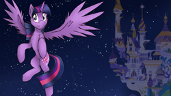 Size: 1366x768 | Tagged: safe, artist:kislysenpai, imported from derpibooru, twilight sparkle, alicorn, pony, canterlot, female, flying, mare, solo, twilight sparkle (alicorn)