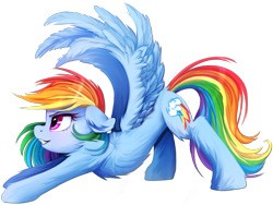 Size: 2000x1500 | Tagged: safe, artist:meotashie, imported from derpibooru, rainbow dash, pegasus, pony, backwards cutie mark, blushing, chest fluff, female, fluffy, iwtcird, mare, simple background, smiling, solo, spread wings, stretching, transparent background, wings