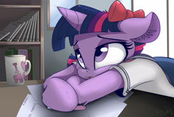 Size: 2800x1877 | Tagged: safe, artist:mistydash, imported from derpibooru, twilight sparkle, alicorn, semi-anthro, arm hooves, bored, bow, clothes, coffee mug, cute, ear fluff, female, hair bow, homework, i hate mondays, mug, sad, school uniform, sleepy, solo, twiabetes