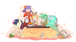 Size: 1000x559 | Tagged: safe, artist:sweetsound, imported from derpibooru, bon bon, lyra heartstrings, sweetie drops, bon bon is not amused, crossover, kochiya sanae, kotatsu, moriya suwako, touhou, unamused, yasaka kanako