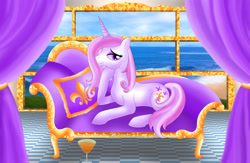 Size: 2220x1450 | Tagged: safe, artist:rose-beuty, imported from derpibooru, fleur-de-lis, pony, couch, female, ocean, prone, solo