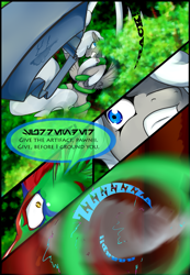 Size: 1035x1500 | Tagged: safe, artist:severus, imported from derpibooru, oc, oc only, oc:axl, oc:malachite, oc:stormfront, comic:serpent's coils, flying, kitsune, messenger bag, stories from the front