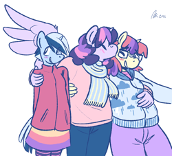 Size: 1280x1163 | Tagged: safe, artist:rwl, imported from derpibooru, minuette, moondancer, twilight sparkle, anthro, blushing, chubby, clothes, fat, female, height difference, holding hands, kissing, lesbian, moonblubber, moonuette, ot3, polyamory, shipping, twidancer, twigate, twilard sparkle, twilight sparkle (alicorn), twilight sparkle gets all the mares, twinudancer, twinuette, wingboner