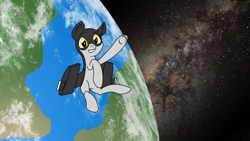 Size: 1920x1080 | Tagged: safe, artist:novafusion, derpibooru exclusive, imported from derpibooru, oc, oc only, oc:spacepone mcstarbuns, alien, original species, plane pony, pony, awkward smile, floating, orbit, plane, planet, smiling, space, stars, vector