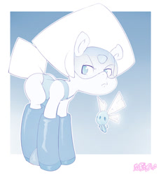 Size: 800x868 | Tagged: safe, artist:failprofile, imported from derpibooru, earth pony, gem pony, parasprite, pony, robot, butt, crossover, flask robonoid, gem, gem (race), limb enhancers, monochrome, paraspritized, peridot, peridot (steven universe), plot, ponified, solo, species swap, steven universe