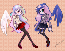 Size: 1280x1013 | Tagged: safe, artist:lessue, imported from derpibooru, princess celestia, princess luna, equestria girls, blushing, clothes, duo, floating wings, glasses, pantyhose, pleated skirt, principal celestia, shoes, sisters, skirt, socks, stockings, thigh highs, vice principal luna, wings, zettai ryouiki