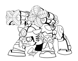 Size: 800x634 | Tagged: safe, artist:omny87, imported from derpibooru, oc, oc only, earth pony, pony, armor, chaos, commission, drill, goggles, headlamp, monochrome, warhammer (game), warhammer 40k