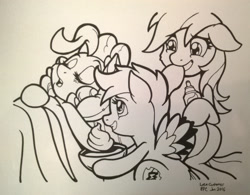 Size: 1280x997 | Tagged: safe, artist:latecustomer, imported from derpibooru, pinkie pie, rainbow dash, scootaloo, cream, food, monochrome, prank, sleeping, whipped cream