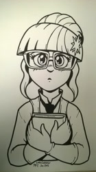 Size: 1079x1920 | Tagged: safe, artist:latecustomer, imported from derpibooru, sci-twi, twilight sparkle, equestria girls, black and white, book, cute, female, glasses, grayscale, monochrome, solo, traditional art, twiabetes