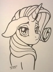 Size: 1225x1651 | Tagged: safe, artist:latecustomer, imported from derpibooru, rarity, semi-anthro, female, floppy ears, frown, lineart, looking at you, looking back, monochrome, sad, solo, traditional art