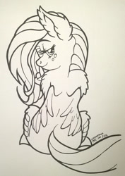Size: 1191x1686 | Tagged: safe, artist:latecustomer, imported from derpibooru, fluttershy, dragon, dragonified, female, flutterdragon, monochrome, shhh, smiling, solo, species swap