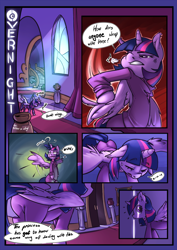 Size: 848x1200 | Tagged: safe, artist:atryl, artist:siden, imported from derpibooru, twilight sparkle, alicorn, pony, semi-anthro, comic:overnight, clothes, comic, dialogue, explicit source, eyes closed, female, mare, open mouth, solo, speech bubble, sweat, twilight sparkle (alicorn), wingboner