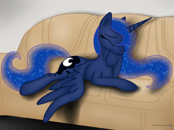 Size: 3200x2400 | Tagged: safe, artist:groovebird, imported from derpibooru, princess luna, alicorn, pony, couch, cute, eyes closed, female, high res, lunabetes, lying down, mare, prone, solo