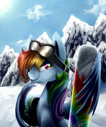 Size: 1000x1200 | Tagged: safe, artist:yummiestseven65, imported from derpibooru, rainbow dash, female, goggles, helmet, mountain, snow, snowboard, solo