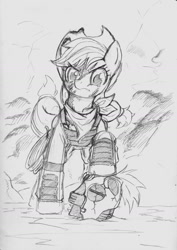 Size: 1252x1766 | Tagged: safe, artist:commissarbu, imported from derpibooru, applejack, alternate timeline, bandana, crystal war timeline, female, helmet, monochrome, scar, solo, traditional art