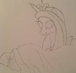 Size: 2962x2825 | Tagged: safe, artist:anonymous, imported from derpibooru, princess cadance, oc, oc:anon, human, bed, monochrome, sweat, watching