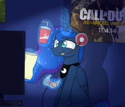 Size: 636x546 | Tagged: dead source, safe, artist:ultrard, imported from derpibooru, princess luna, alicorn, pony, gamer luna, call of duty, call of duty advanced warfare, call of duty: advanced warfare, colored pupils, controller, female, gaming, headset, levitation, magic, pc talk in the comments, poster, shadow, signature, solo, telekinesis, television