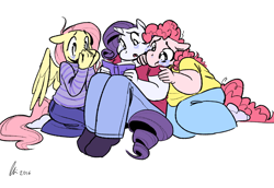 Size: 1280x880 | Tagged: safe, artist:rwl, imported from derpibooru, fluttershy, pinkie pie, rarity, anthro, :o, :t, book, chubby, clothes, crying, cute, fat, female, flaripie, flarity, floppy ears, flutterpie, frown, group, lesbian, open mouth, ot3, polyamory, raripie, reading, sad, shipping, simple background, sitting, spread wings, sweater, sweatershy, trio, wide eyes