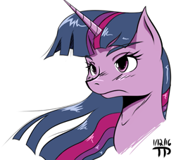 Size: 581x527 | Tagged: safe, artist:thethunderpony, imported from derpibooru, twilight sparkle, anime, female, portrait, serious face, solo, windswept mane