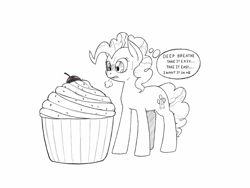 Size: 1600x1200 | Tagged: safe, artist:trickydick, imported from derpibooru, pinkie pie, cupcake, female, food, monochrome, solo