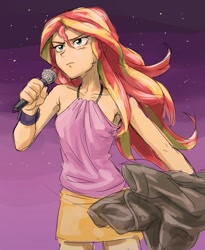 Size: 657x800 | Tagged: safe, artist:invisibleone11, imported from derpibooru, sunset shimmer, human, equestria girls, rainbow rocks, armpits, female, humanized, scene interpretation, sleeveless, solo, the coats are off, undressing, welcome to the show