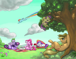 Size: 1725x1347 | Tagged: safe, artist:invisibleone11, imported from derpibooru, applejack, fluttershy, pinkie pie, rainbow dash, rarity, spike, twilight sparkle, bird, butterfly, earth pony, pegasus, pony, unicorn, book, cupcake, eating, fainting couch, flower, food, mane seven, mane six, nest, picnic, pixiv, rainbow trail, tree, unicorn twilight