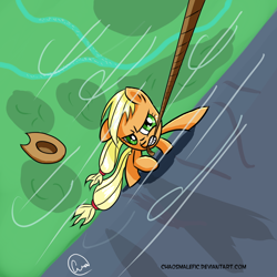 Size: 1024x1024 | Tagged: safe, artist:chaosmalefic, imported from derpibooru, applejack, pony, climbing, female, rope, solo, vertigo