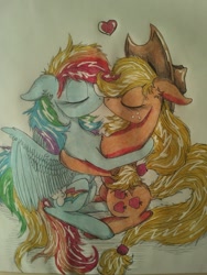 Size: 1024x1365 | Tagged: safe, artist:penkatshi, imported from derpibooru, applejack, rainbow dash, appledash, female, heart, kissing, lesbian, shipping, sketch, traditional art