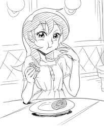 Size: 600x730 | Tagged: safe, artist:invisibleone11, imported from derpibooru, minuette, human, bread, donut, eating, female, food, humanized, monochrome, solo