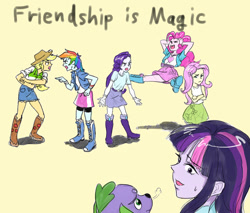 Size: 900x765 | Tagged: safe, imported from derpibooru, applejack, fluttershy, pinkie pie, rainbow dash, rarity, spike, twilight sparkle, dog, equestria girls, boots, bracelet, clothes, cowboy boots, high heel boots, jewelry, mane seven, mane six, skirt, spike the dog