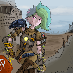 Size: 726x726 | Tagged: safe, artist:tjpones, imported from derpibooru, princess celestia, human, alternate hairstyle, armor, battery, electricity, female, humanized, post-apocalyptic, ruins, scar, solar panel, solo, wasteland, weapon