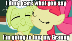 Size: 960x540 | Tagged: safe, edit, edited screencap, imported from derpibooru, screencap, apple bloom, granny smith, pony, family appreciation day, caption, image macro, meme, text