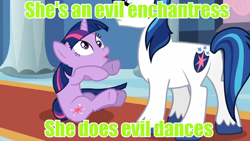 Size: 800x450 | Tagged: safe, imported from derpibooru, screencap, shining armor, twilight sparkle, a canterlot wedding, bridle gossip, derp, evil enchantress, image macro, meme