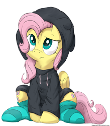 Size: 1341x1533 | Tagged: safe, artist:bugplayer, edit, imported from derpibooru, fluttershy, pegasus, pony, both cutie marks, bugplayer is trying to murder us, clothes, cute, female, hoodie, hug life, looking up, mare, messy mane, raised eyebrow, shyabetes, simple background, sitting, socks, solo, striped socks, transparent background