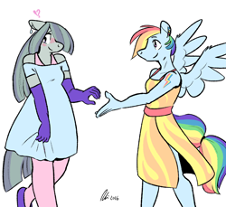 Size: 1280x1173 | Tagged: safe, artist:rwl, imported from derpibooru, marble pie, rainbow dash, anthro, blushing, clothes, cutie mark, dress, evening gloves, exclamation point, female, gloves, interrobang, interrobang (glyph), lesbian, marbledash, piercing, question mark, shipping, spread wings, story in the source, story included